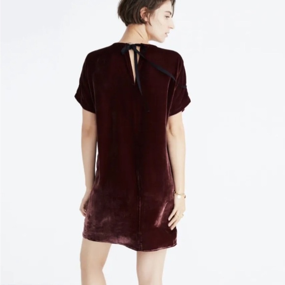 MADEWELL Velvet Bow Back Tee dress Xsmall Burgundy - Picture 2 of 6